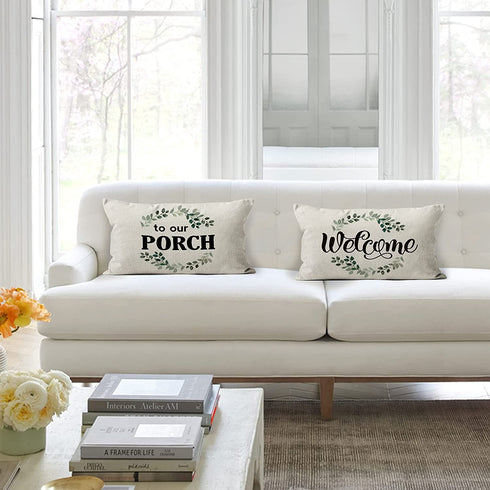 Welcome to Our Porch Linen Throw Pillow Case, 20 x 12 Inch Set of 2, Farmhouse Porch Bench Gift,Welcome Lumbar Decorative, Porch Decor Cushion Cover for Sofa Couch Bed