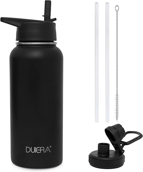 DUIERA 32oz Stainless Steel Water Bottle Vacuum Insulated Water Bottle with Straw & Leak Proof Spout Lids, BPA Free, Keep Cold or Hot - Black