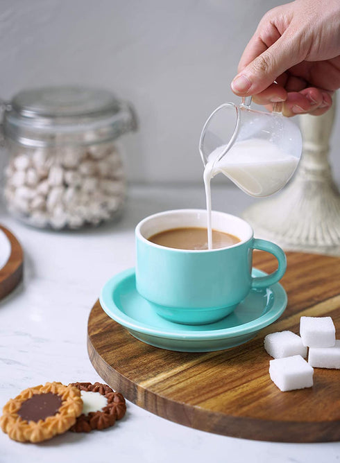 Sweese 405.402 Porcelain Stackable Espresso Cups with Saucers and Metal Stand - 4 Ounce - Set of 4,Turquoise