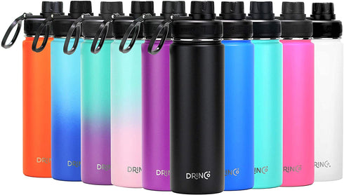 DRINCO Stainless Steel Water Bottle Spout Lid Vacuum Insulated Double Wall Water Bottle Wide Mouth (40oz 32oz 22oz 18oz 14oz) Leak Proof Keep Cold Sport Camping Hiking (22 oz, 22oz Black)