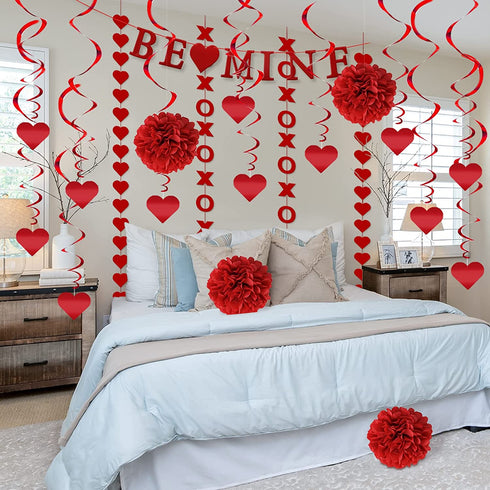 21Pcs Valentines Day Decor Valentine's Day Decorations Set Pre-Assembled Hanging Heart Swirls BE MINE Love Heart XO Garlands Banner for Home Classroom Office Wedding Party