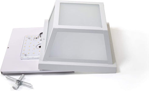CORAMDEO 9.25? Square Ceiling Light, Porch Light, Entry, Outdoor Hallway, Damp Location, Built in LED Gives 125W of Light, 1200 Lumens, 3K, White Powder Coat Finish with Frosted Glass