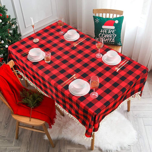 Partisout Buffalo Check Tablecloth Rectangle 56x80-Inch Red and Black Checked Tablecloth with Tassel Bluffalo Plaid Tablecloths Washable Cotton Linen Table Cover Gingham Table Cloths for New Year