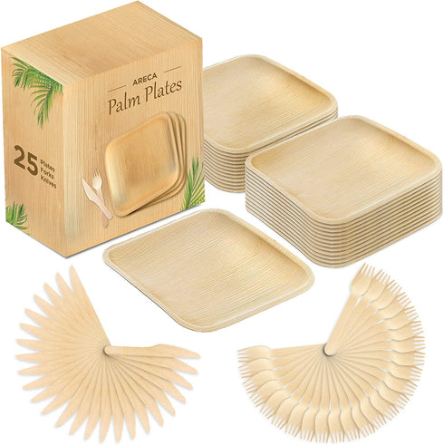 Palm Leaf Plates Biodegradable Plates Wood Plates Eco Friendly Disposable Plates with 25 Wooden Forks Knives for Dinner Outdoor Wedding Picnic Party 10 inch Square Pack Of 25