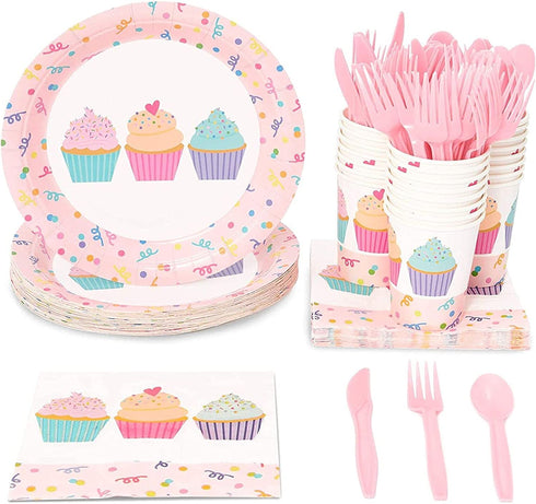 144 Pieces Cupcake Party Supplies, Paper Plates, Napkins, Cups and Cutlery (Serves 24)