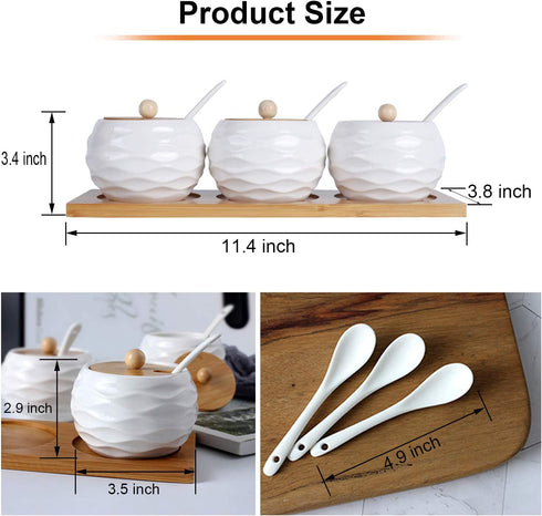 LUEUR Porcelain Condiment Jar Spice Container with Bamboo Lids, Ceramic Spoons & Wooden Serving Tray Ceramic 225ml Sugar Bowl Set of 3 For Kitchen W/Free Blackboard Adhesive Stickers 16 Labels