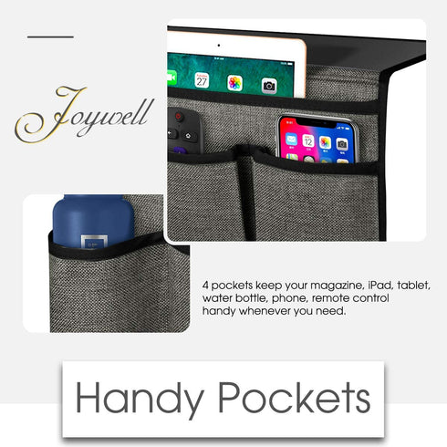 Joywell Bedside Storage Bedroom Organization Bedside Caddy Remote Control Holder 4 Pockets Bedside Organizer Dorm Insert Mattress for Remote Control, Phone, Magazine, iPad, Tablet, Grey