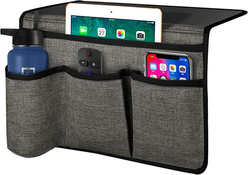 Joywell Bedside Storage Bedroom Organization Bedside Caddy Remote Control Holder 4 Pockets Bedside Organizer Dorm Insert Mattress for Remote Control, Phone, Magazine, iPad, Tablet, Grey