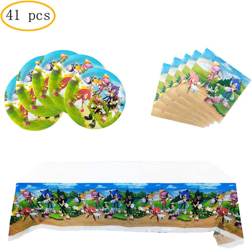 Hedgehog Party for Sonic, 20 Plates + 20 Napkins + Tablecloth, Hedgehog Party Supplies