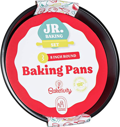 Baketivity Metallic Professional Non-Stick 3-Piece Round Cake Pan Bakeware Set, Fit in Pot Pressure Cooker Baking Pan, Air Fryer, One-piece Molding Cheesecake Pan, Heavy Duty Pizza Pan, Black, 8 inch