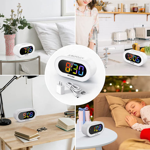 Reacher Small Colorful LED Digital Alarm Clock with Snooze, Simple to Operate, Full Range Brightness Dimmer, Adjustable Alarm Volume, Outlet Powered Compact Clock for Bedrooms, Bedside, Desk, Shelf