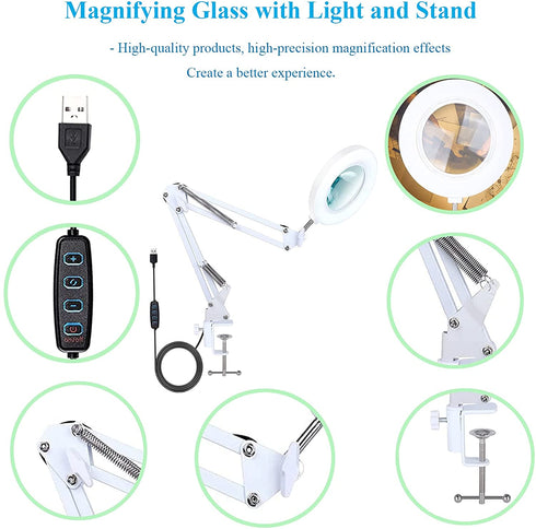 Magnifying Glass with Light and Stand, 10X Hands-Free Magnifier Double Gooseneck Magnifier 2 in 1 Clamp Table & Desk Magnifier with Phone Clip, Chip Clip Great for Reading, Hobbies, Crafts (5X White)