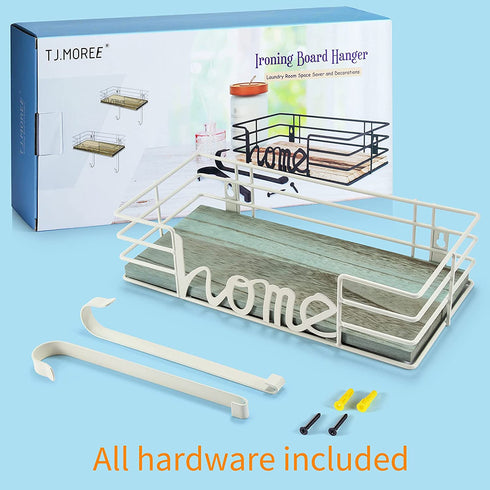 TJ.MOREE Ironing Board Hanger Wall Mount - Laundry Room Decor Iron and Ironing Board Holder, Metal Wall Mount with Large Storage Blue Wooden Base Basket and Removable Hooks