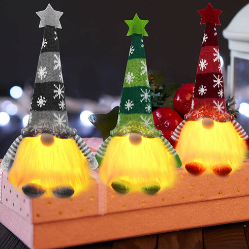 Lighted Christmas Gnome Decorations, 12'' Light Up Plush Elf Toy Holiday Present, Scandinavian Swedish Tomte Ornaments for Table Top, Windows, Fireplace, Tree Christmas Holiday Party Home Decor, 3 Set