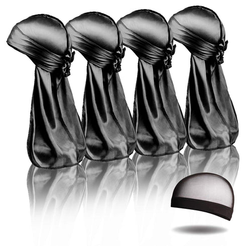 Black Silky Durag Pack - SupGene 4Pcs Black Silk Durag for Men Women with Silky Wave Cap, Satin Headwraps Set