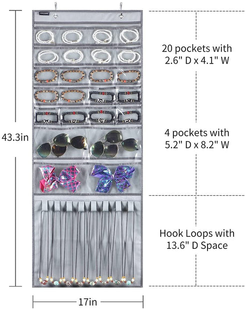 ANZORG Over The Door Hanging Jewelry Organizer Wall Mounted Earring Holder with 24 Clear Pockets and 8 Hook Loops for Necklace Bracelet Ring (24 Pockets and 8 Hook Loops-Grey)