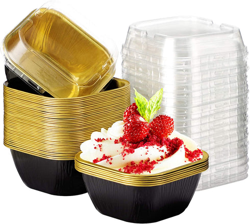 Cupcake Cups with Lids, EUSOAR 8oz 50pcs Disposable Desserts Flan, 3.5x2.7x1.6" Baking Cups with Lids, Aluminum Foil Desserts Cupcake Flan, Catering Gathering Shower Favor-Black Gold