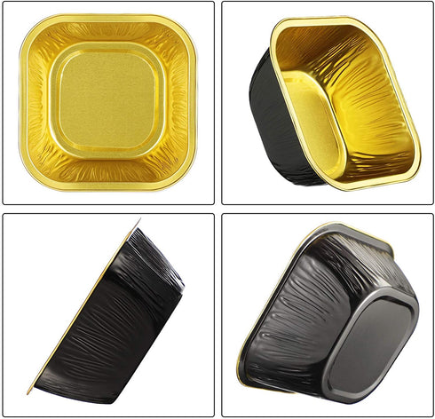 Cupcake Cups with Lids, EUSOAR 8oz 50pcs Disposable Desserts Flan, 3.5x2.7x1.6" Baking Cups with Lids, Aluminum Foil Desserts Cupcake Flan, Catering Gathering Shower Favor-Black Gold