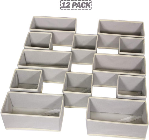 DIOMMELL Foldable Cloth Storage Box Closet Dresser Drawer Organizer Fabric Baskets Bins Containers Divider for Clothes Underwear Bras Socks Lingerie Clothing, Set of 12 Grey 066