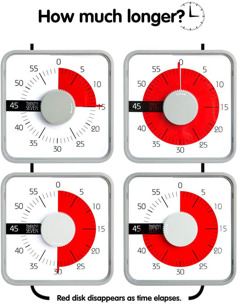 TWENTY5 SEVEN Countdown Timer 7.5 inch; 60 Minute 1 Hour Visual Timer - Classroom Teaching Tool Office Meeting, Mechanical Countdown Clock for Kids Exam Time Management Magnetic Grey
