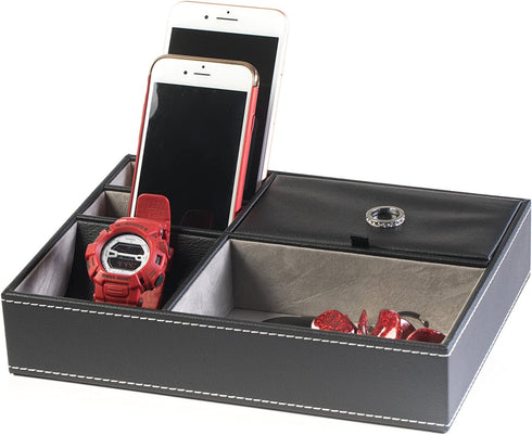 HUJI Men's Black Leatherette Valet Jewelry Tray Display Showcase Insert Liner Organizer 5 Compartments Desk Car Home Dresser Keys Phone Wallet Coins