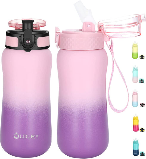 12 oz Insulated Kids Water Bottle with Straw/Chug/2 One-Click-Open Lids 10 Stickers Fruit Strainer Stainless Steel Water Bottles Double Wall Vacuum Wide Mouth BPA Free Sweat & Leak-Proof for School