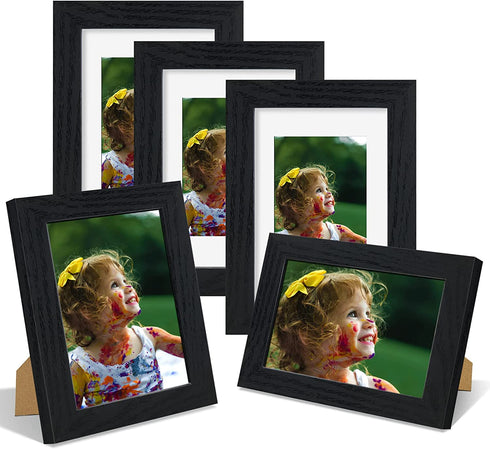Nacial 4x6 Picture Frame Set of 5,Display Pictures 3.5x5 with Mat or 4 x 6 Without Mat, Tempered Glass for Table Top Display and Wall Mounting Wooden Photo Frame Black