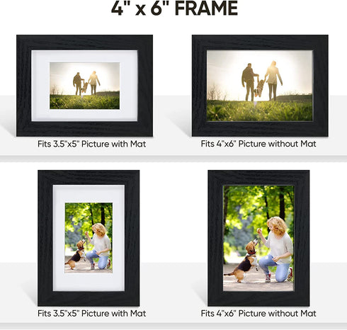 Nacial 4x6 Picture Frame Set of 5,Display Pictures 3.5x5 with Mat or 4 x 6 Without Mat, Tempered Glass for Table Top Display and Wall Mounting Wooden Photo Frame Black