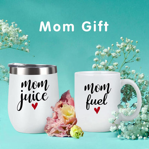 Qtencas Mom Gifts, Mom Juice Wine Tumble and Mom Fuel Coffee Mug Set, Mother's Day Birthday Christmas Gift for Mom New Mom Mother to be Wife Women, White Insulated Stainless Steel Wine Tumbler and Mug