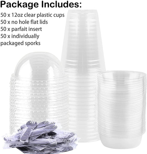 50Pack 12oz Clear Plastic Parfait Cups with Insert and Dome Lids (No Hole) Disposable Dessert Cups for Yogurt Fruit and Cereal Parfait