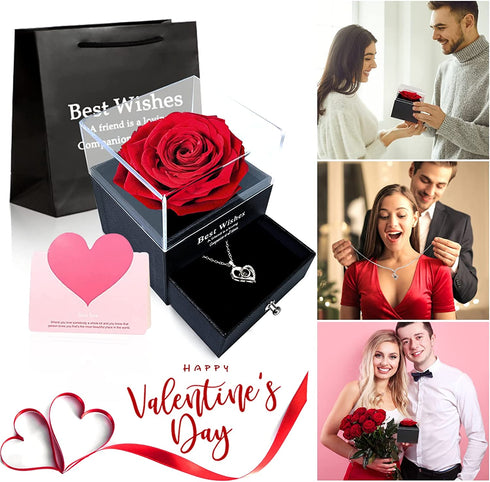 TURNMEON Preserved Red Real Rose with I Love You Necklace in 100 Languages,Enchanted Rose Flower Card Jewelry Storage Box Romantic Gift for Her Wife Girlfriend Women Valentines Day Anniversary Wedding