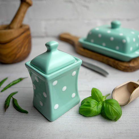 Handmade Teal Blue and White Polka Dot Small 5.3oz/150ml Ceramic Kitchen Herb, Spice, Storage Jar with Lid, Pottery Canister, Housewarming Gift by City to Cottage®