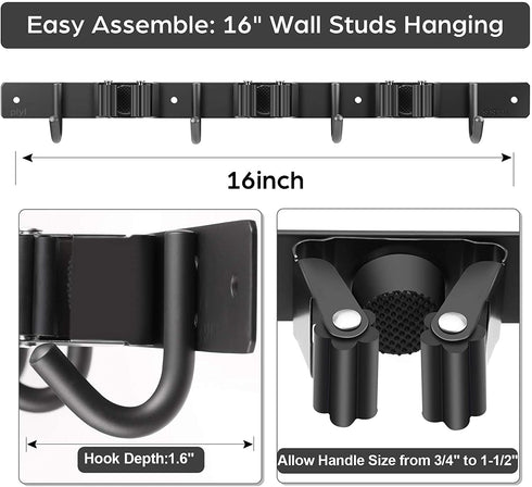 Piyl Broom Mop Holder Wall Mount Heavy Duty Tool Organizer Wall Hooks Storage For Lanudry Garden Garage Rack Hanger Organization Home Goods Black
