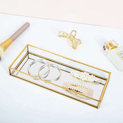 Feyarl Gold Clear Glass Vanity Tray Jewelry Trinket Rings Earrings Organizer Perfume Collection Display Decorative Tray Anti-Mirror Surface for Dressr Room Drawer Office Tabletop (9.84Inch)