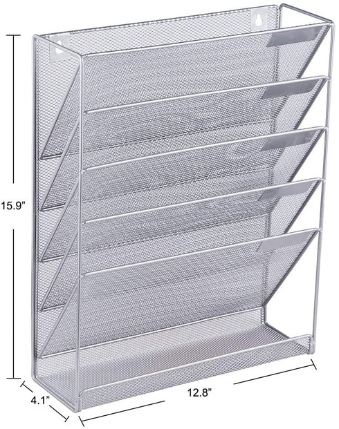 Easepres File Organizer Mesh 5-Tier Black Hanging File Organizer Vertical Holder Rack for Office Home, Silver