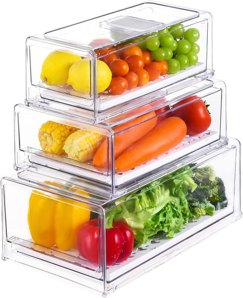 Set of 3 Fruit Vegetable Storage Container Refriger Organizer Food Bin Stackable Durable Pantry w Drawers,Pull-out Design Cabinet Containers w/ Lid Ventilation for Keeping Fruit Vegetable Fresh