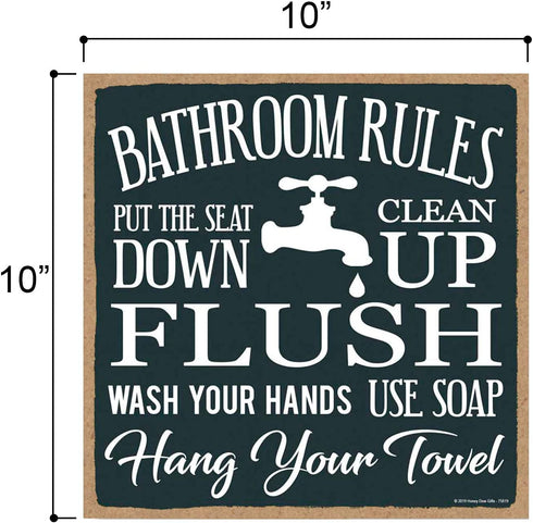 Honey Dew Gifts Bathroom Decoration, Bathroom Rules Flush, Seat Down, Clean Up 10 inch by 10 inch Hanging Decorative Wood Sign, Home Decor