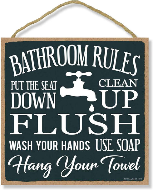 Honey Dew Gifts Bathroom Decoration, Bathroom Rules Flush, Seat Down, Clean Up 10 inch by 10 inch Hanging Decorative Wood Sign, Home Decor