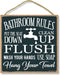 Honey Dew Gifts Bathroom Decoration, Bathroom Rules Flush, Seat Down, Clean Up 10 inch by 10 inch Hanging Decorative Wood Sign, Home Decor