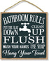 Honey Dew Gifts Bathroom Decoration, Bathroom Rules Flush, Seat Down, Clean Up 10 inch by 10 inch Hanging Decorative Wood Sign, Home Decor
