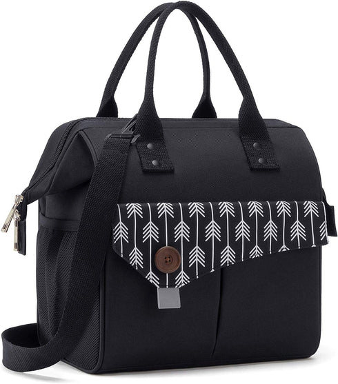Lunch Bag with Leak Proof Material, Insulated Lunch Box for women/men, Lunch Tote Bag for Work/Picnic/Hiking/Beach/Fishing (black+fishbone pattern)