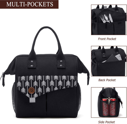 Lunch Bag with Leak Proof Material, Insulated Lunch Box for women/men, Lunch Tote Bag for Work/Picnic/Hiking/Beach/Fishing (black+fishbone pattern)