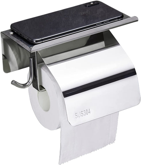 Toilet Paper Holder with Shelf, Toilet Tissue Holder with Phone Shelf, Bathroom Stainless Steel Tissue Roll Dispenser Storage,Wall Mounted 3M Self Adhesive No Drill Or Drilling with Screws
