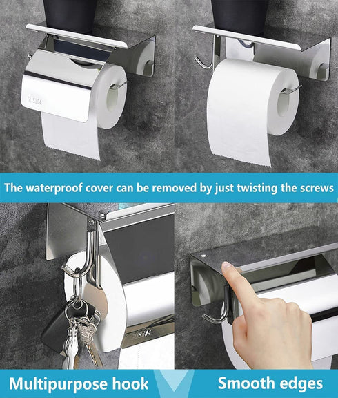 Toilet Paper Holder with Shelf, Toilet Tissue Holder with Phone Shelf, Bathroom Stainless Steel Tissue Roll Dispenser Storage,Wall Mounted 3M Self Adhesive No Drill Or Drilling with Screws