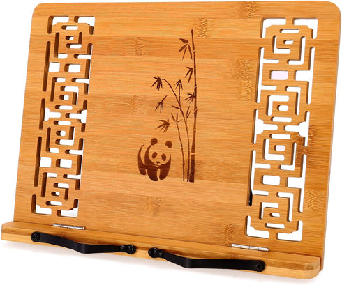 MEGREZ Bamboo Foldable Book Stand (13.2 x 9.4 inch) Reading Frame Rest holder Cookbook Stand/Tablet PC textbook/Music Document Stand/Desk Bookrest with Retro Hollow, Panda Pattern