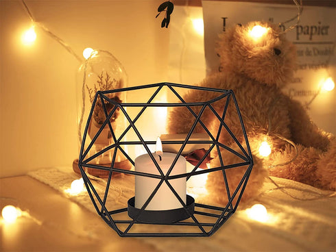 MAINFOR Geometric Tealight Candle Holder Decor for Table Centerpiece, Candle Holder for Pillar Candles Stand Candlestick Holder, Set of 2 Black Metal Wrought Iron Wire Tea Light Candle Sticks Holder