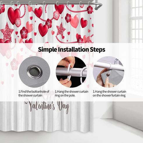 Valentine's Day Shower Curtain Farmhouse Romantic Red Love Hearts Floral Bathroom Curtains, Rustic Vintage Wooden Shiny Star Fabric Shower Curtain Set, 72 x 72 Inch