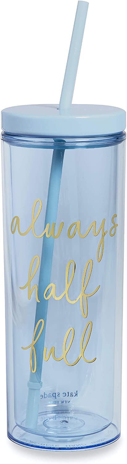 Kate Spade New York Insulated Tumbler with Reusable Straw, 20 Ounce Blue Acrylic Travel Cup with Lid, Always Half Full