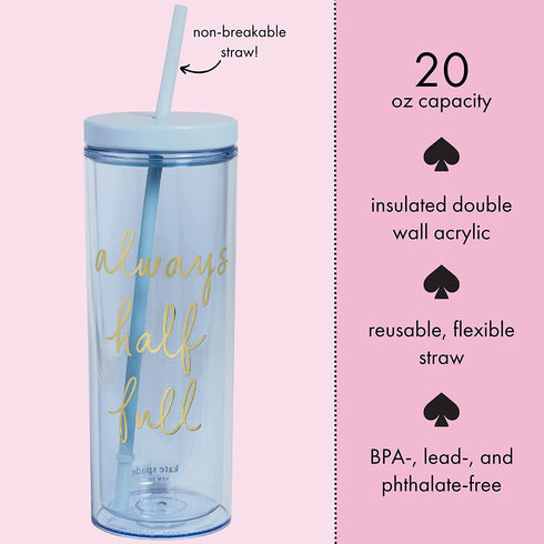 Kate Spade New York Insulated Tumbler with Reusable Straw, 20 Ounce Blue Acrylic Travel Cup with Lid, Always Half Full