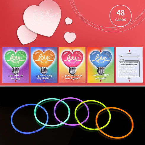 48PACK Valentines Day Gift Cards with 48 Glow Sticks for Kids, Glow in The Dark for Valentines Party Favors, Valentines Greeting Cards, Valentine Classroom Exchange Cards for Boys Girls.